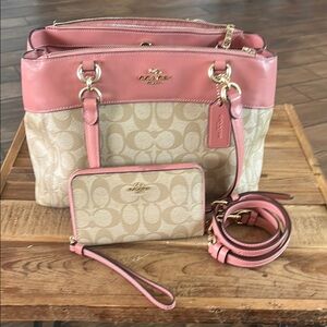 Coach Pink and Tan Signature Tote Bag Set